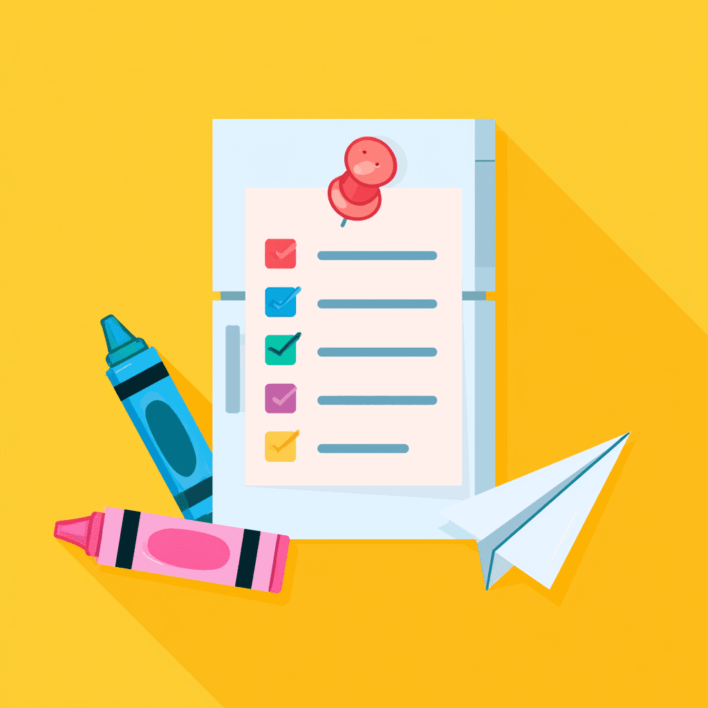 A checklist pinned to a fridge, next to crayons and a paper plane